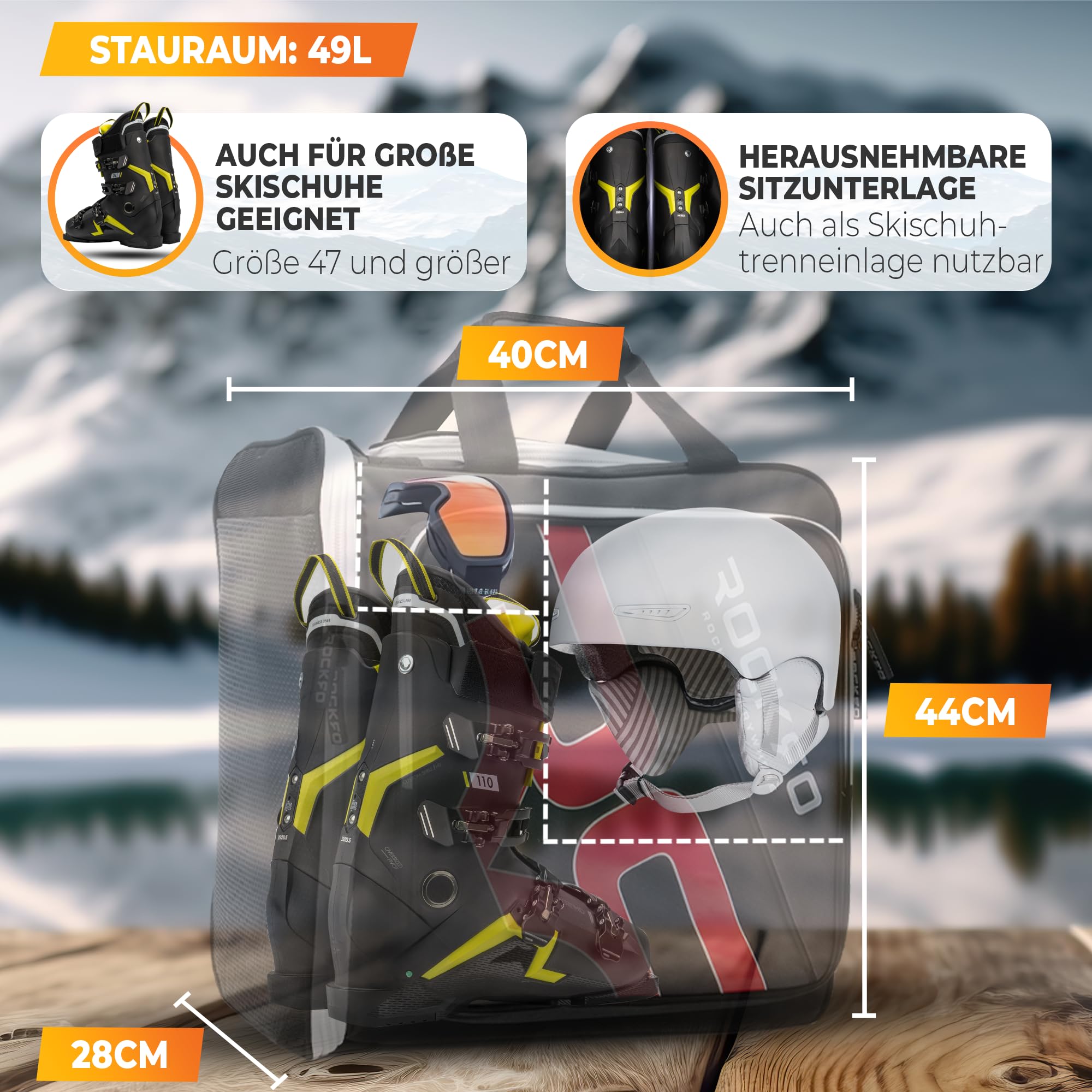 Skischuhtasche mit Helmfach, Robuste Tasche für Skischuhe, Wasserabweisende Skistiefeltasche mit Helmfach, Praktischer 7 Zonen Ski Rucksack für Ski Schuhe Helm Skibrille, 49L