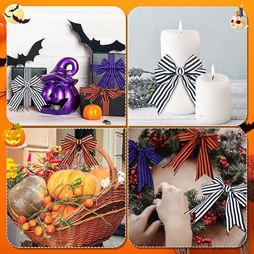 Miniatura 5 de Zeyune 3 rollos de cintas de arpillera a rayas de Halloween de 30 yardas x 2.5 pulgadas para envolver regalos, coronas, manualidades, manualidades,