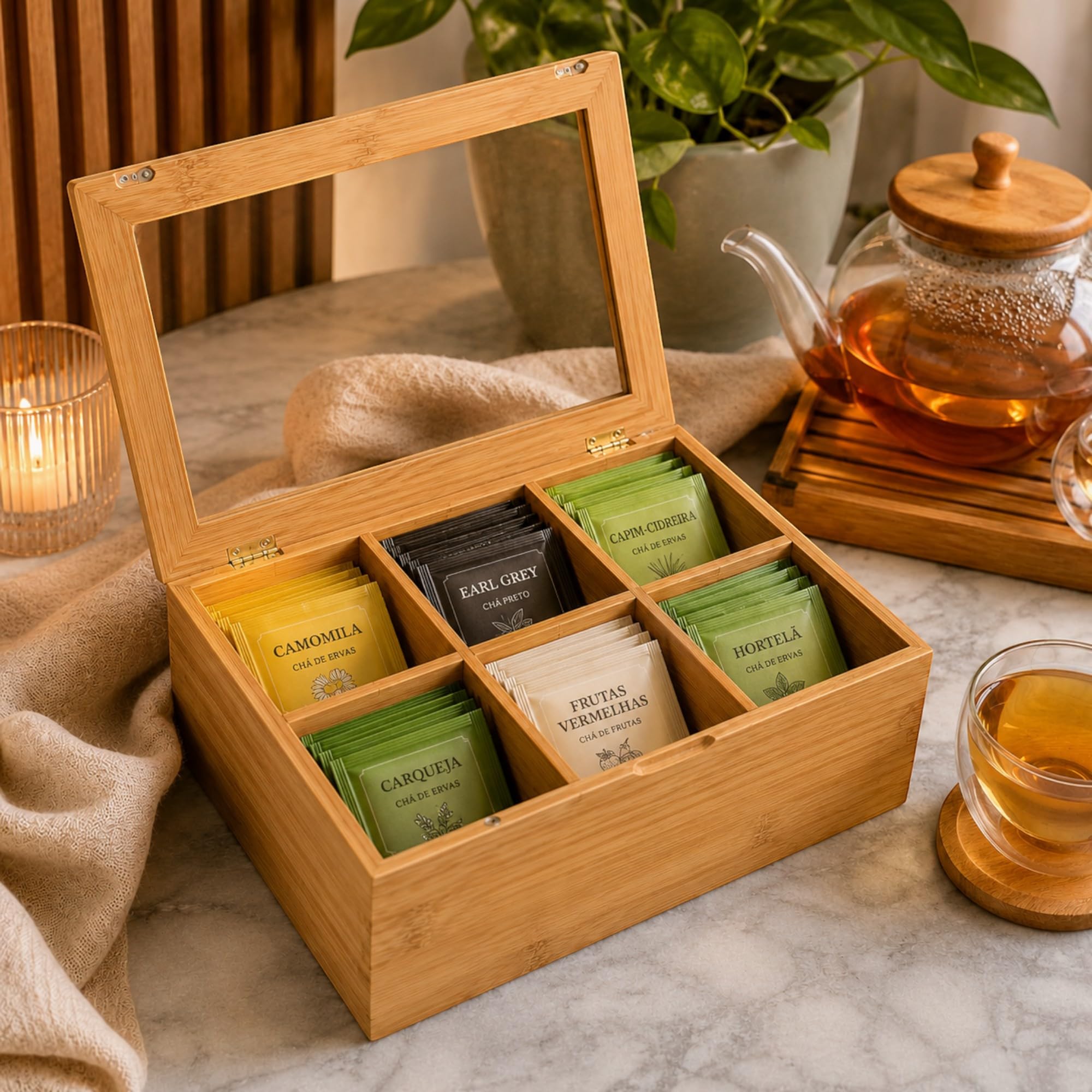 茶箱セット Caixa Cha Cafe Ecokitchen 6 Divisórias Bambu Multiuso Organização