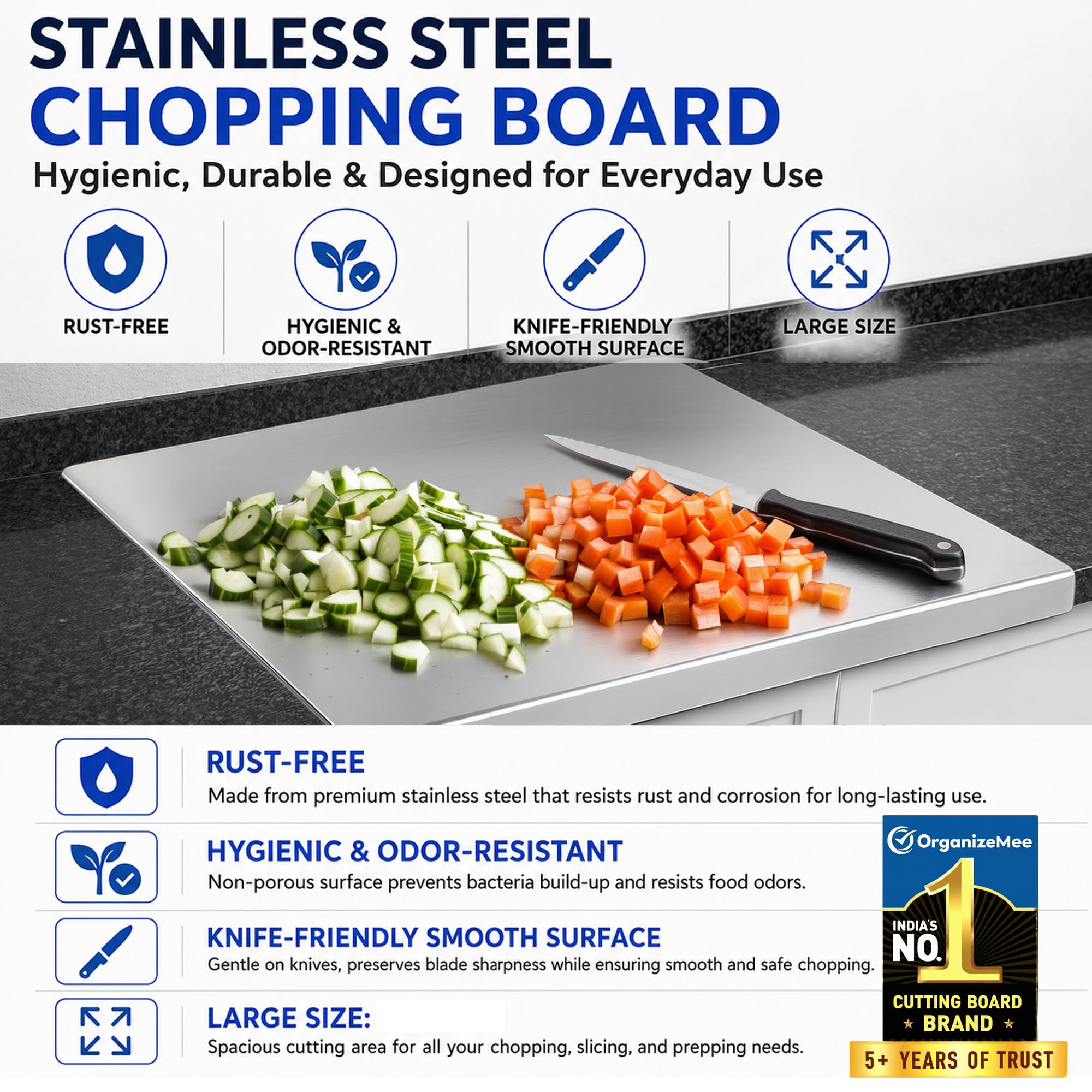 Stainless Steel Chopping Board Large (42 cm x 30 CM), Steel Chopping Board for Kitchen Large,(with Rolling Pin) Rust-Proof Cutting Board with Anti-Countertop for Meat and Vegetables(Platform Medium) 4