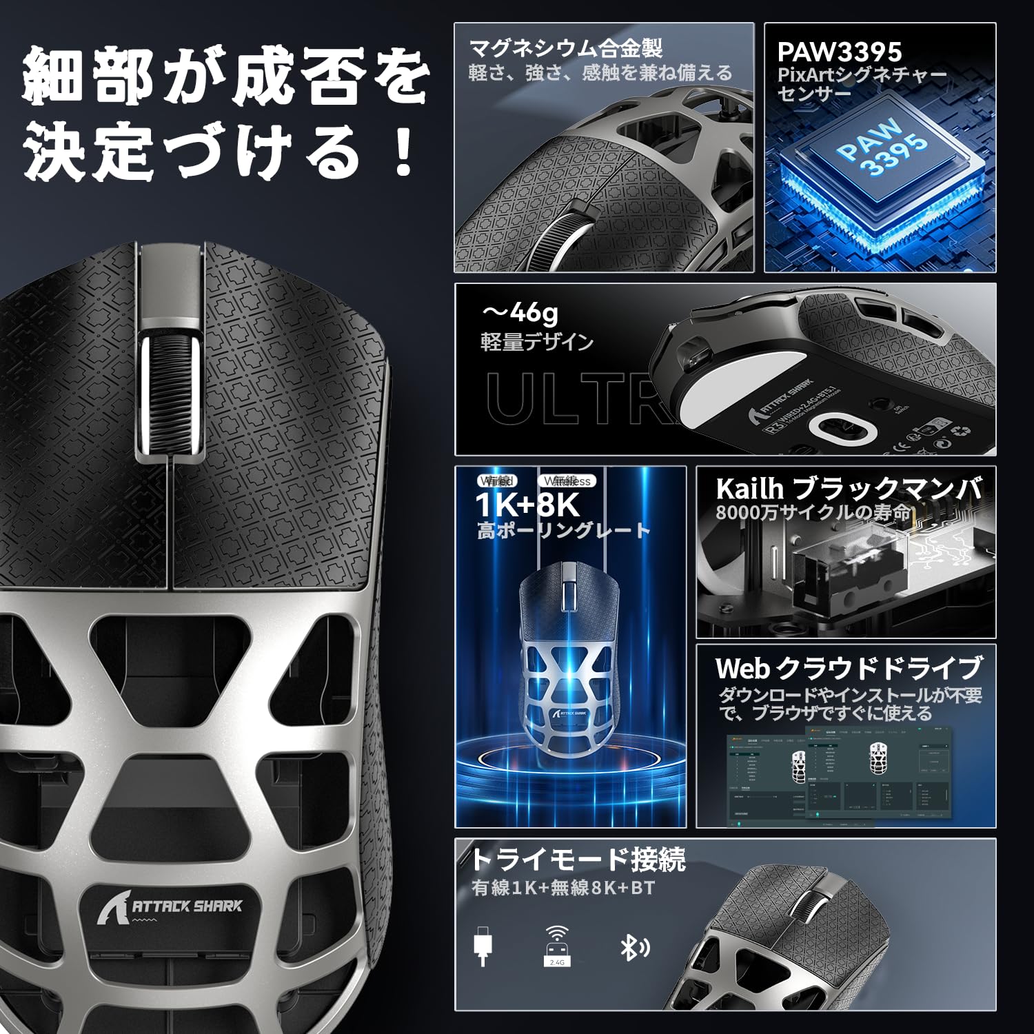 Amazon | ATTACK SHARK R3 ゲーミングマウスマグネシウム合金版3