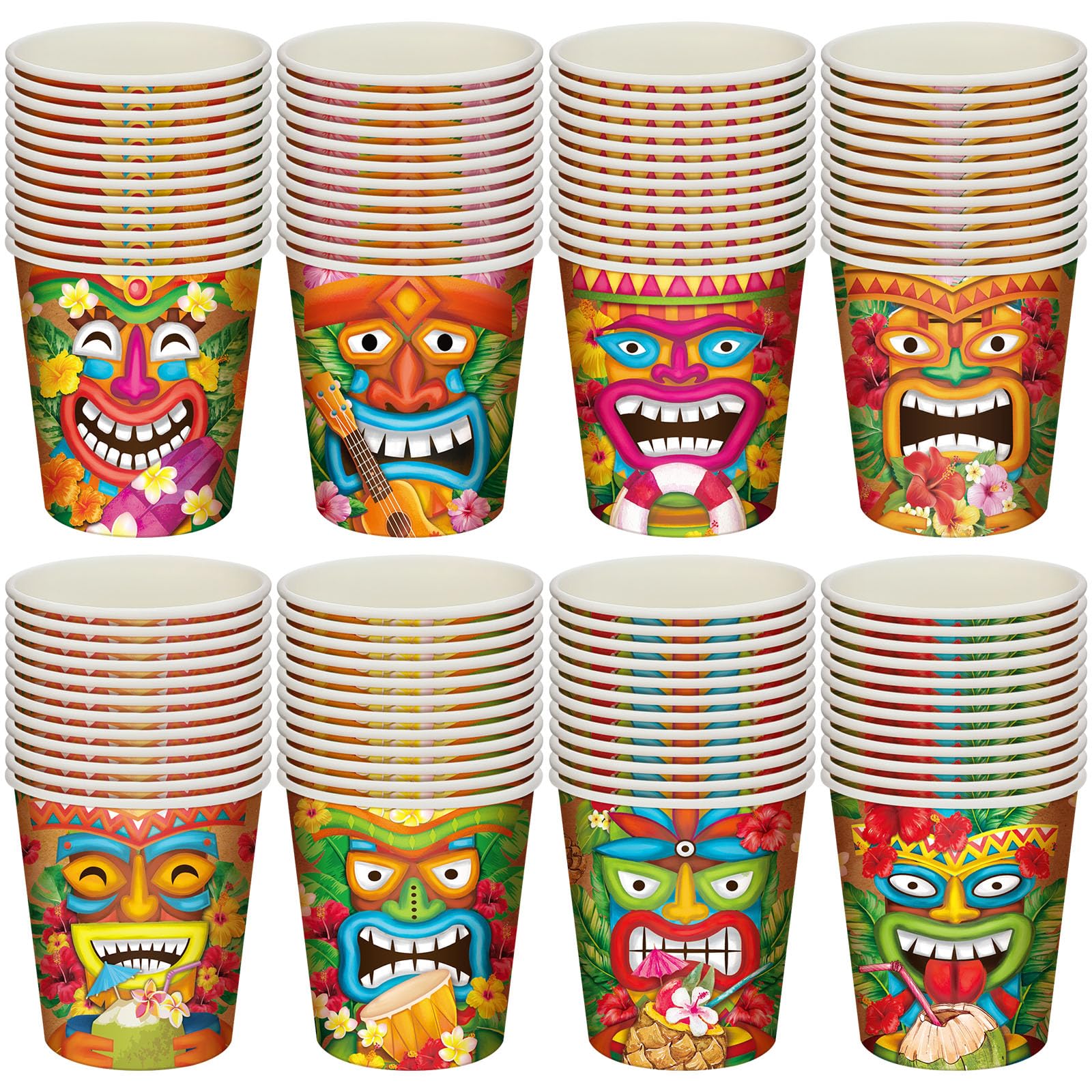 Yungyan 100 vasos de papel Luau desechables de 9 onzas, vasos de papel hawaianos Tiki tropical, Aloha Luau, decoraciones de fiesta de verano para verano, Tiki, playa, piscina, suministros de fiesta