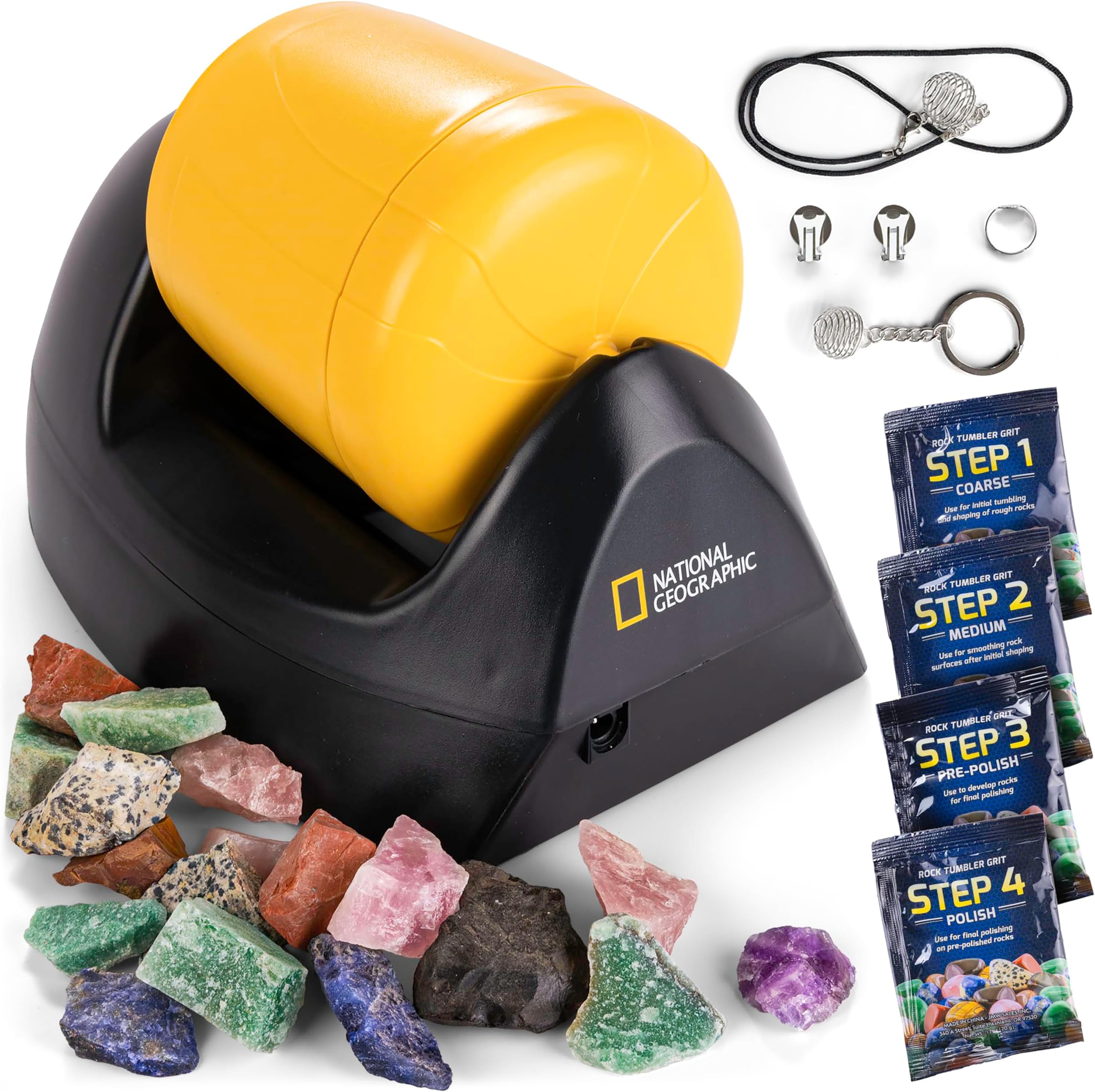 National Geographic Stone Polisher Starter Kit - With Rough Gems, 4 Step Silicon Carbide Polishing Grit, Jewelry Stands & Learning Guide