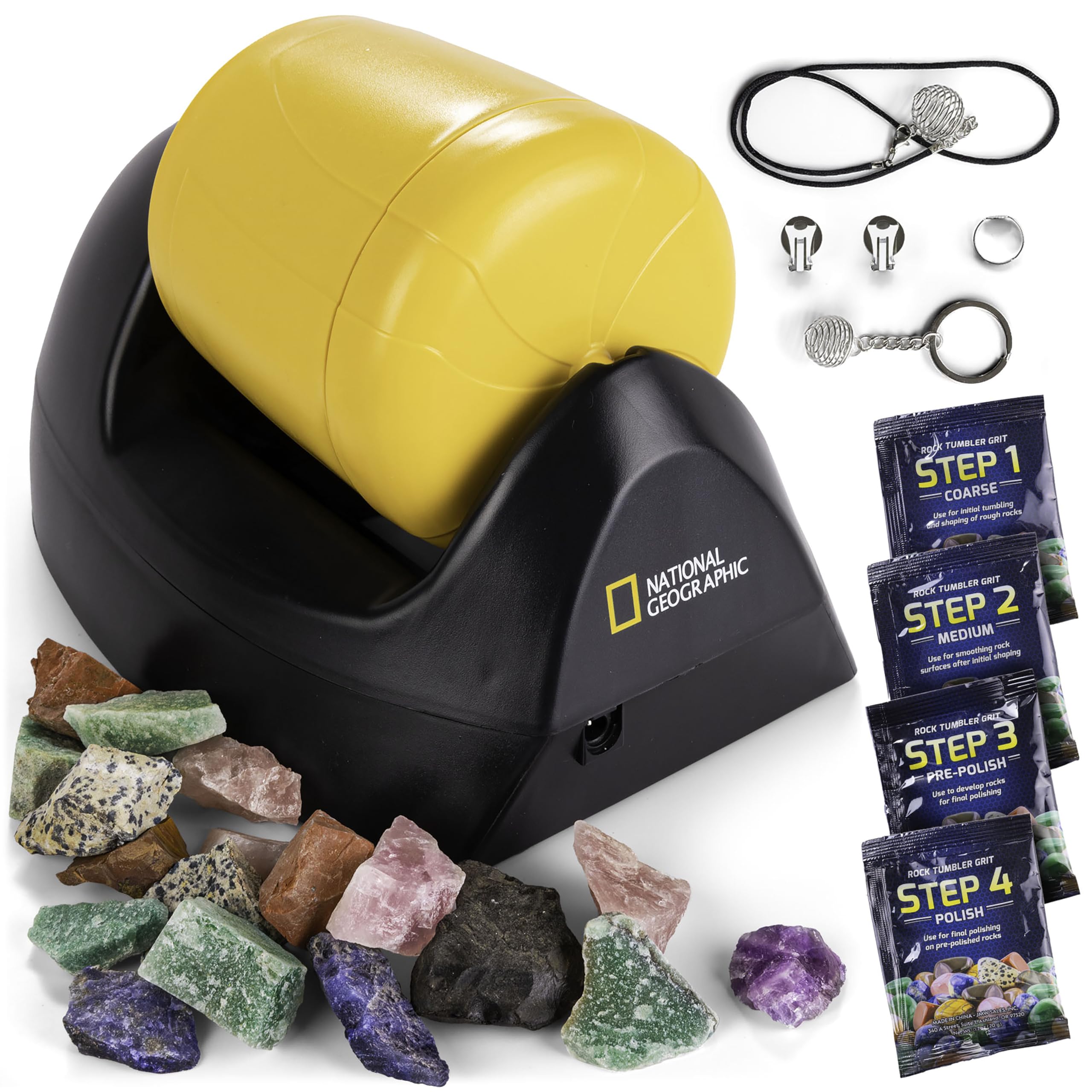 NATIONAL GEOGRAPHIC Starter Rock Metall, gummierter Schaft Tumbler Kit - Komplettes Steinpolierer-Set, langlebiger, auslaufsicherer Becher, 227 Gramm Steine, Körnung, 5 Schmuckverschlüsse