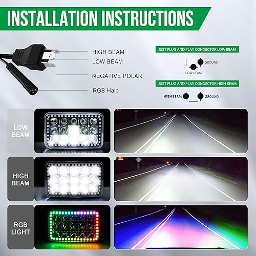 Miniatura 6 de 4 piezas de luz LED de haz sellado 4X6 para uso fuera de carretera, enchufe y uso, con función de halo RGB rectangular H4651 H4652 H4656 H6545 para