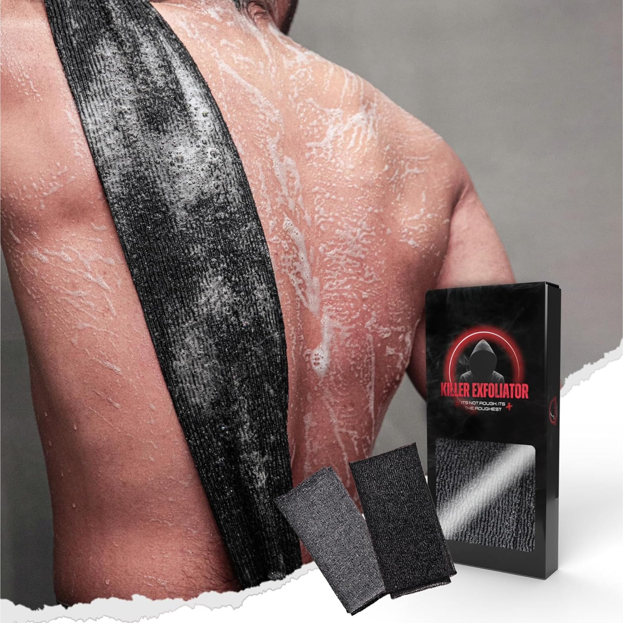 Extra Rough Exfoliating Washcloth-Extreme Body & Back Scrubber for Shower, Extra Long, Hygienic Rough Exfoliator, Men & Women, 2 Count Pack, Black & Grey, Killer Exfoliator