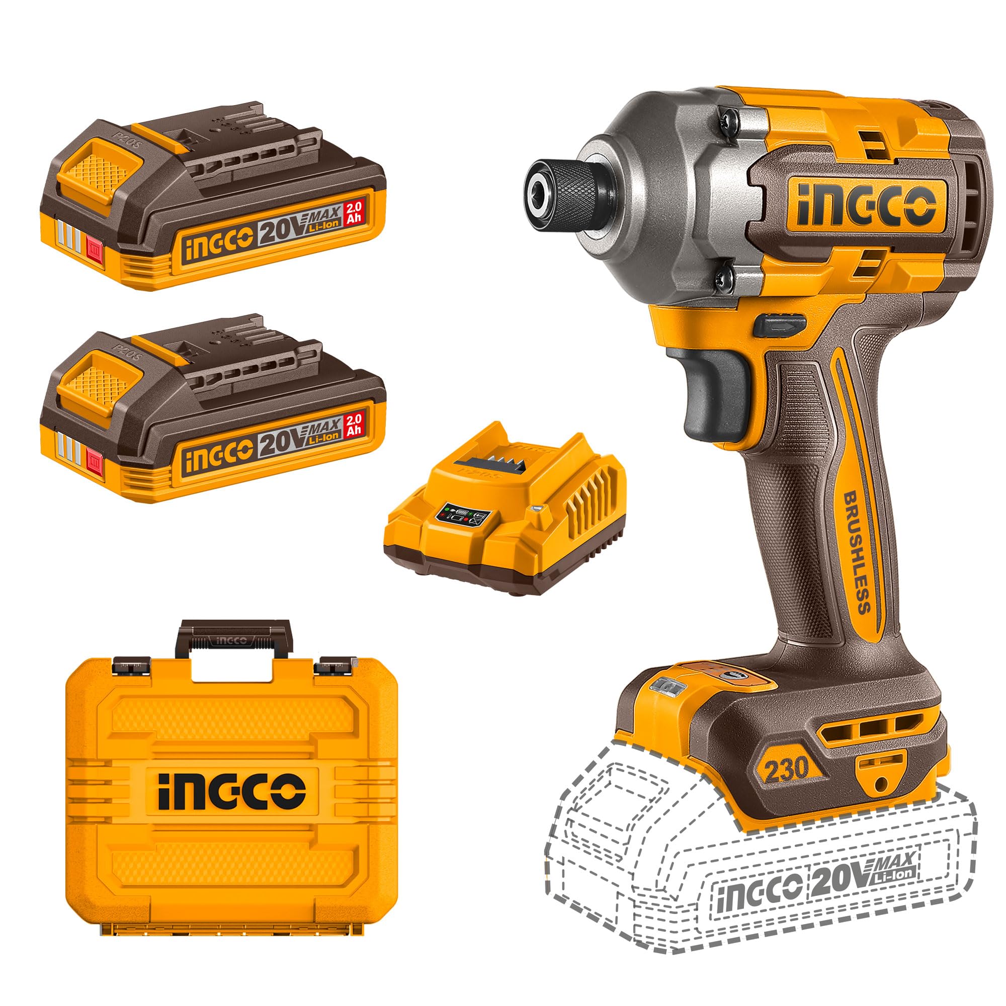 INGCO 20V Cordless Impact Driver 230NM, Brushless Motor, Variable Speed 2600RPM, LED Work Light, with 2Pcs 2.0Ah Battery And 1Pcs Charger, Packed by Carrying Case-picture-19