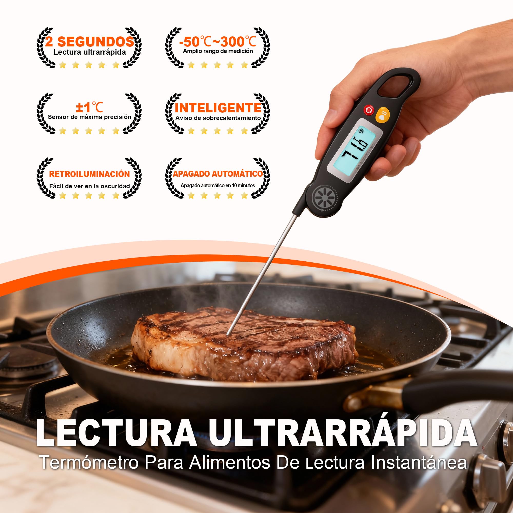 Antonki Termómetro digital de cocina con retroiluminación y sonda larga plegable: termómetro de lectura instantánea en 3 segundos para carne, barbacoas, hornos y líquidos