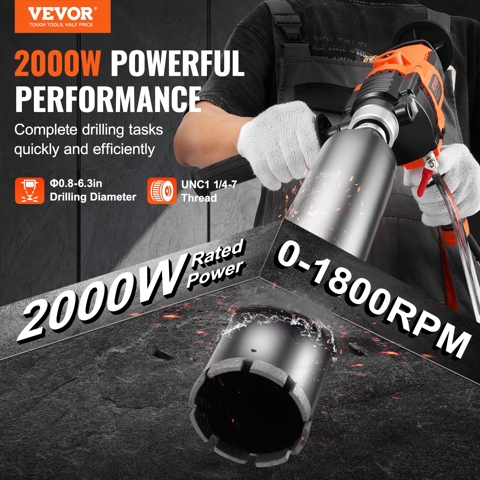 VEVOR Taladro de núcleo Portátil de 20-160 mm de Diámetro de Perforación con Estuche de Transporte Taladro de Núcleo de Hormigón de 2000 W Uso Húmedo y Seco para Perforar Hormigón y Mezclar Pintura