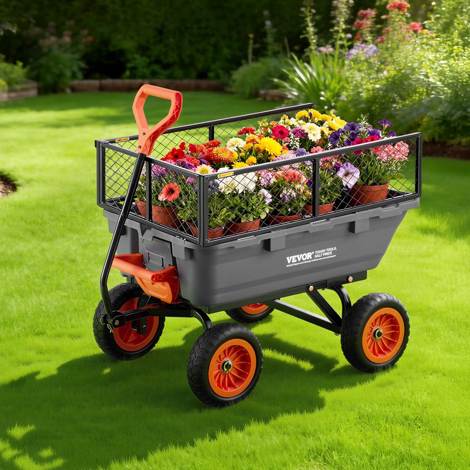 VEVOR Gartenwagen mit Kippfunktion, 362 kg Belastbarer Bollerwagen 270° Drehbarer Transportwagen für Gartenarbeit aus Kunsttoff Stahl mit 10 Zoll Kunststoffreifen Metallzaun für Rasen, Kies & Schlamm