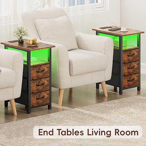 Miniatura 6 de Vagusicc Juego de 2 mesitas de noche con estación de carga y luces LED, mesa auxiliar estrecha, mesita de noche LED con 3 cajones de tela para