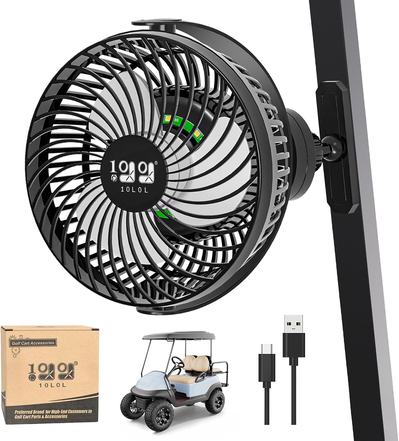 10L0L USB Golf Cart Fan - Magnetic Mount & Secure Bracket,Rechargeable,56H Battery,Silent 360° Adjustable,for Golf & RV