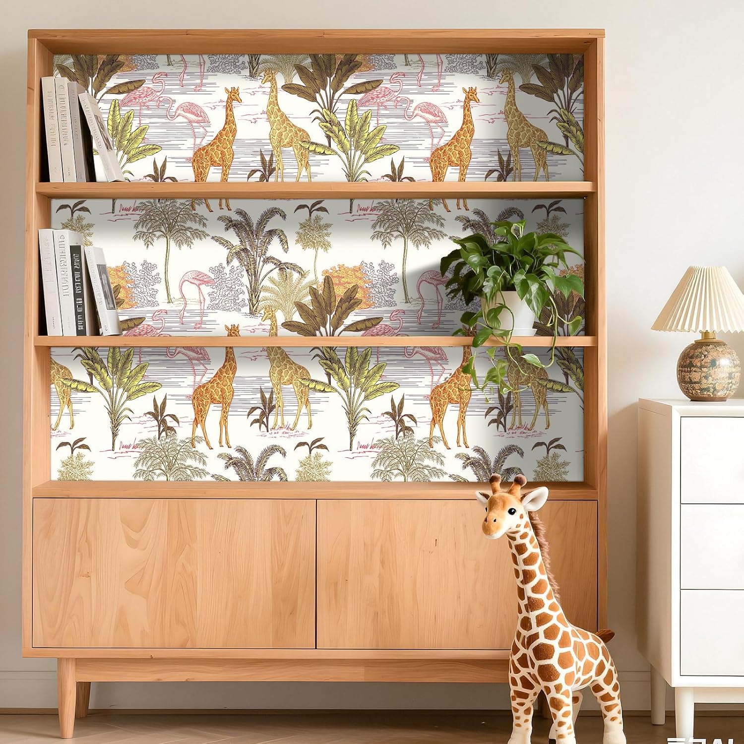 LACHEERY Giraffe Wallpaper Peel and Stick African Animal Safari Wallpaper Pink Flamingo Wall Paper Self Adhesive Tropical Palm Tree Leaf Contact Paper for Walls Nursery Bathroom Waterproof 17.5"x79"