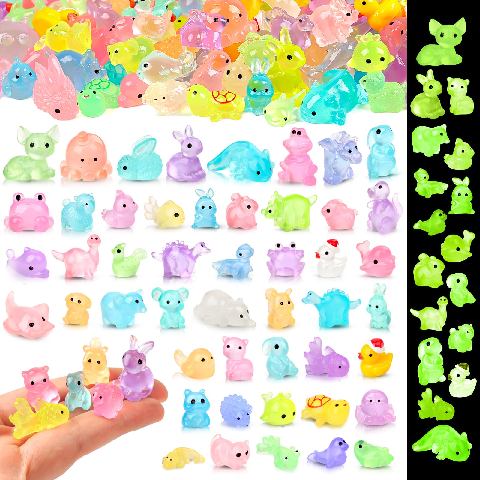 150PCS Luminous Mini Resin Animals 30 Types+ Variety Glow in The Dark Tiny Animals Figures Bulk for Dollhouse, Fairy Garden,Micro Landscape Aquarium, Party Decoration DIY Crafts