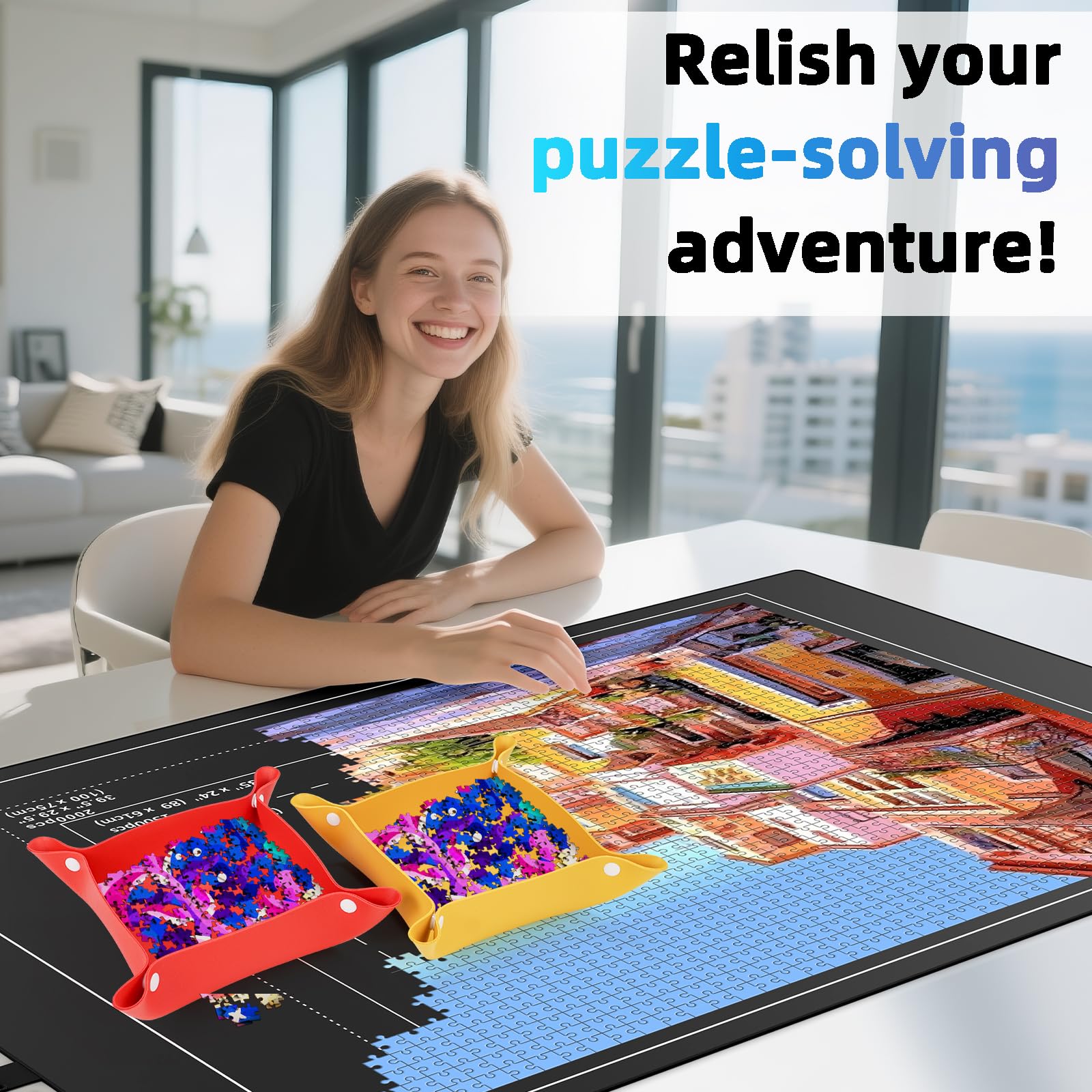 Gumowa mata do puzzli, do 2000 sztuk, antypoślizgowa mata zwijana, 120 x 80 cm, akcesoria do puzzli, przyjazna w podróży i przechowywaniu (8 tacek do sortowania + 1 torba do przechowywania)