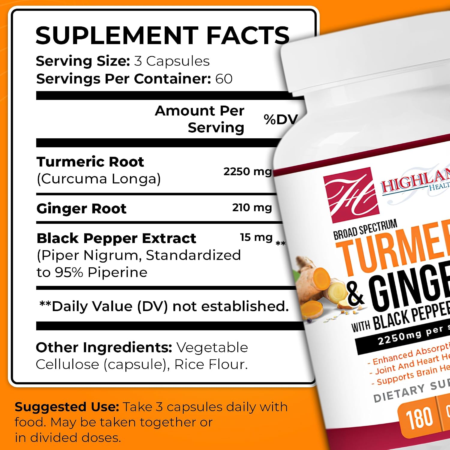 Turmeric 2250mg with Ginger Root & Black Pepper Extract 180 Capsules - Enhanced Absorption Maximum Potency Turmeric Root Formula for Men & Women 2 Month Supply