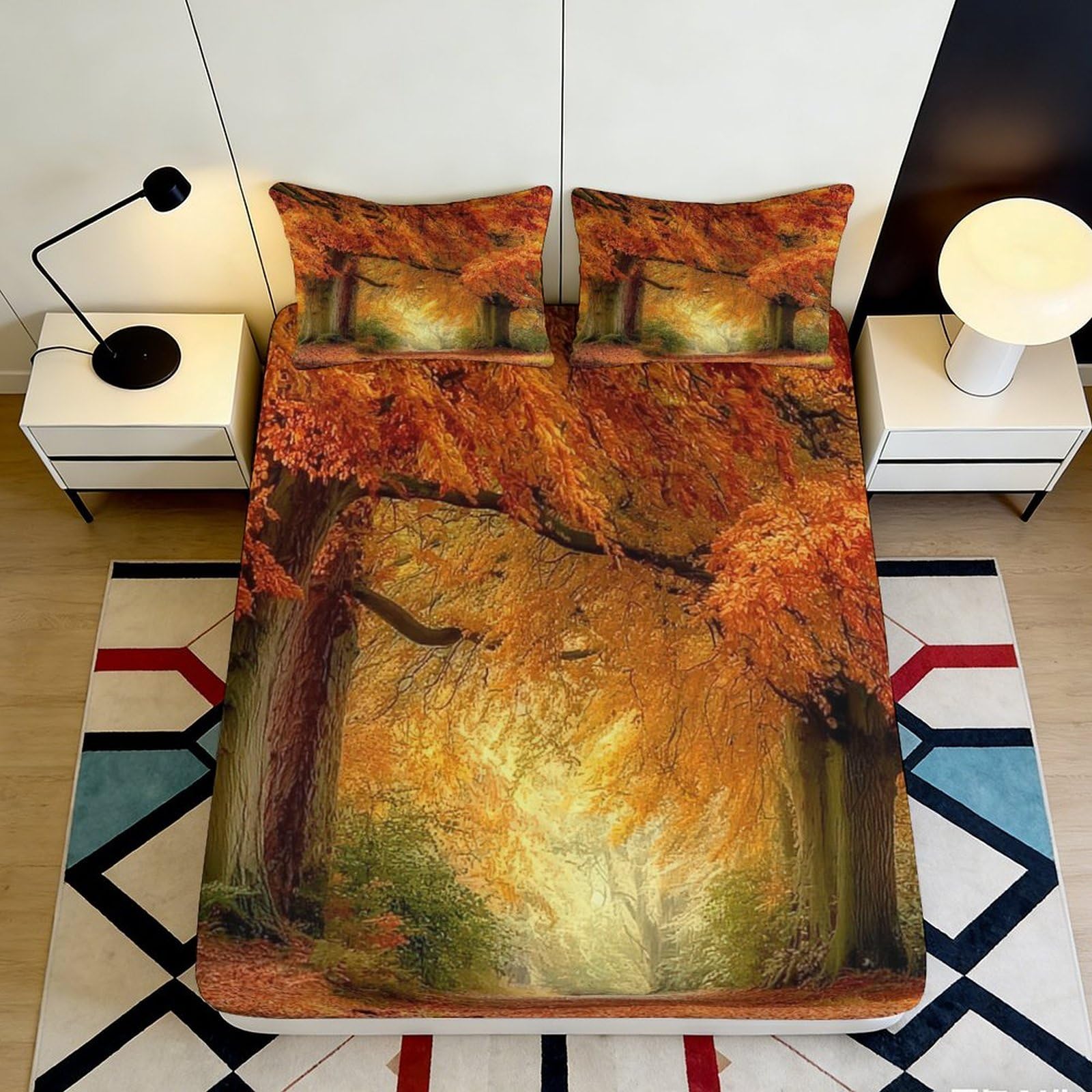 3D Printed Autumn Forest Fitted Sheet Microfiber Soft Breathable Woodland Path Mattress Cover for Bedroom Guest Room Decor 140x200x25cm