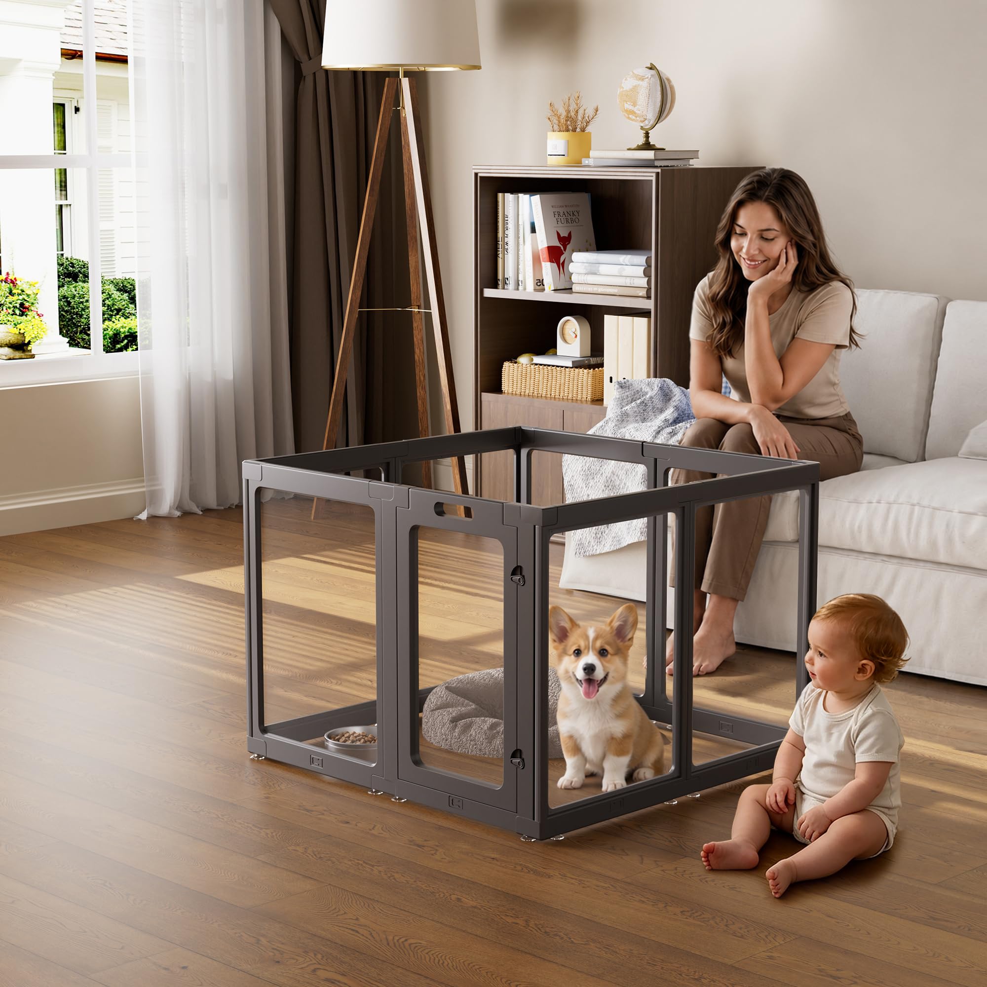 Clear Acrylic Dog Playpen Indoor Pet Pen, 30" H, Black, 8 Panels