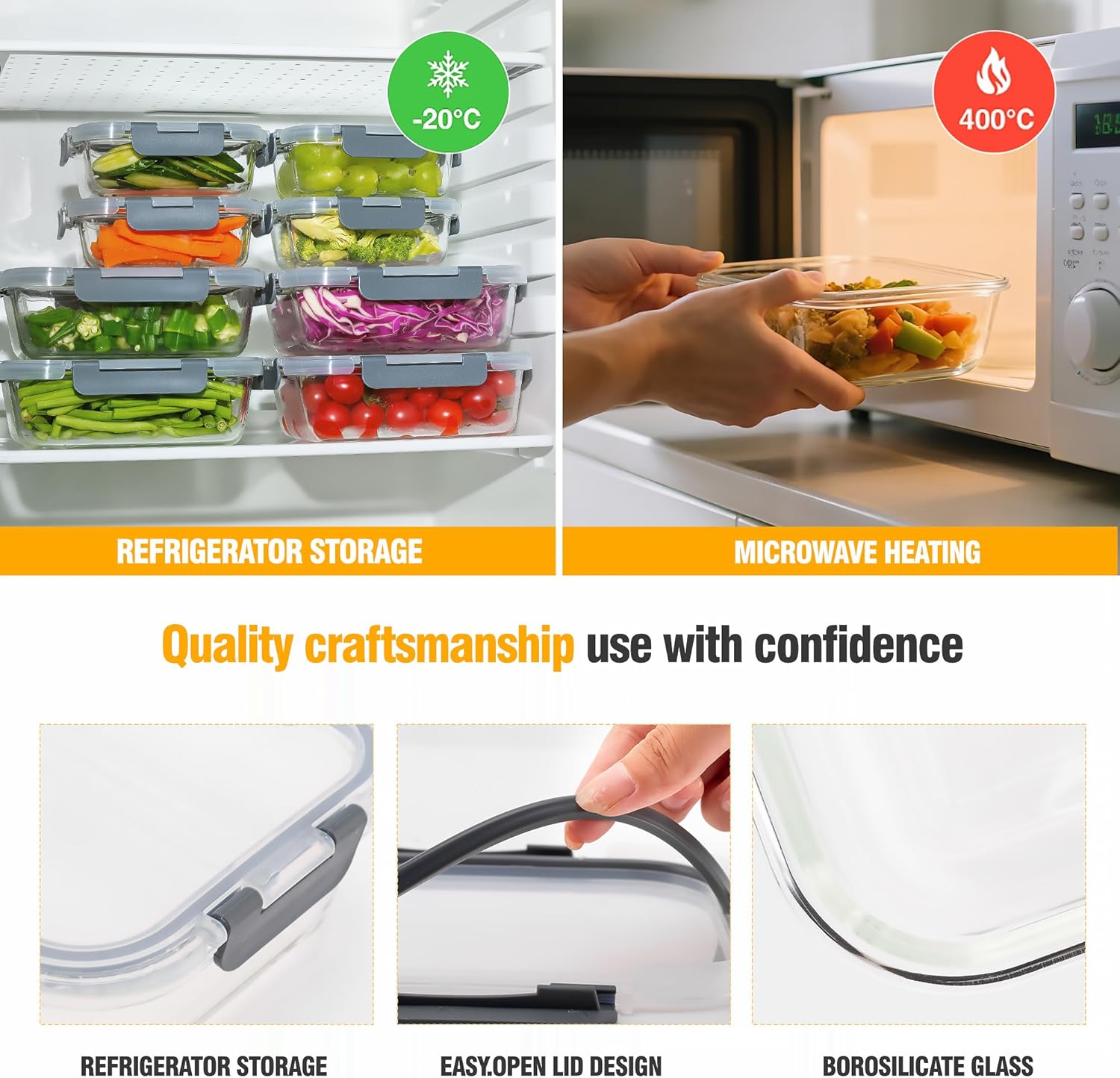 5 PACK 36 oz Glass Meal Prep Containers, Glass Food Containers with Snap-Lock Lids, Airtight Lunch Containers, Microwave, Oven, Refrigerator and Dishwasher Safe,Gray - Image 4