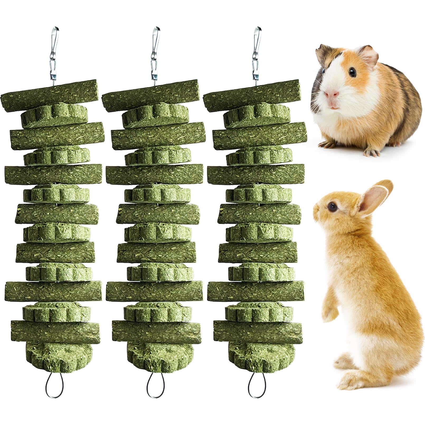 kathson 3Pcs Bunny Chew Toys Rabbit Chewing Toy for Teeth Hanging Grinding Chinchilla Treats Timothy Grass Cake Molar Balls for Guinea Pigs Hamsters