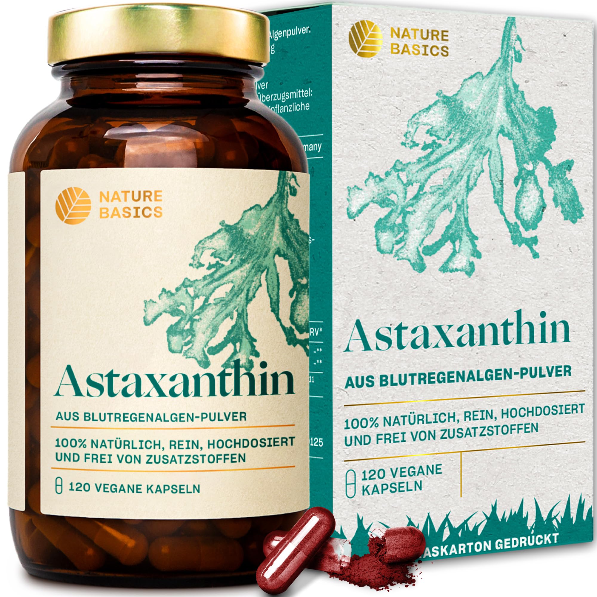 Nature Basics Astaxanthin hochdosiert - mit 7,8 mg reines & hochwertiges, natürliches Astaxanthin pro Kapsel - 120 Kapseln - vegan, zertifiziert & nachhaltig im Glas