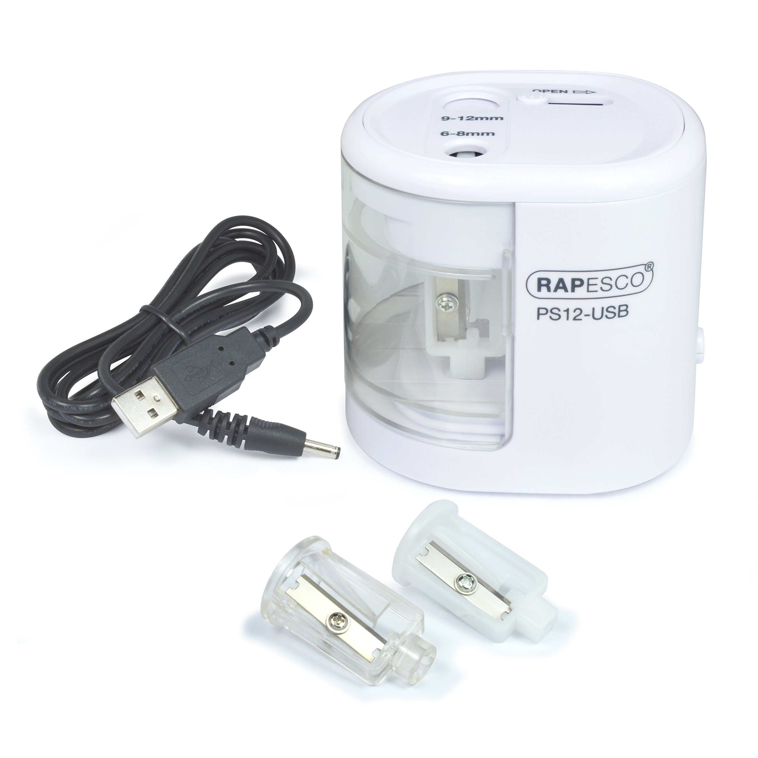 Rapesco 1448 PS12-USB Taille-Crayon Électrique Automatique, à Utiliser avec Câble USB (inclus) ou Piles (non inclus), Blanc