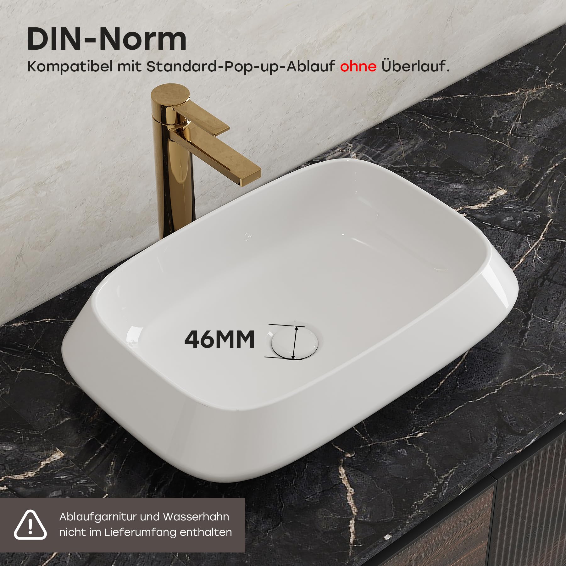 HOROW Lavabo da bagno, bordo sottile, lavabo da appoggio, moderno | Lavabo rettangolare bianco senza foro per rubinetto, piccolo lavandino per ospiti WC bagno, 52 cm