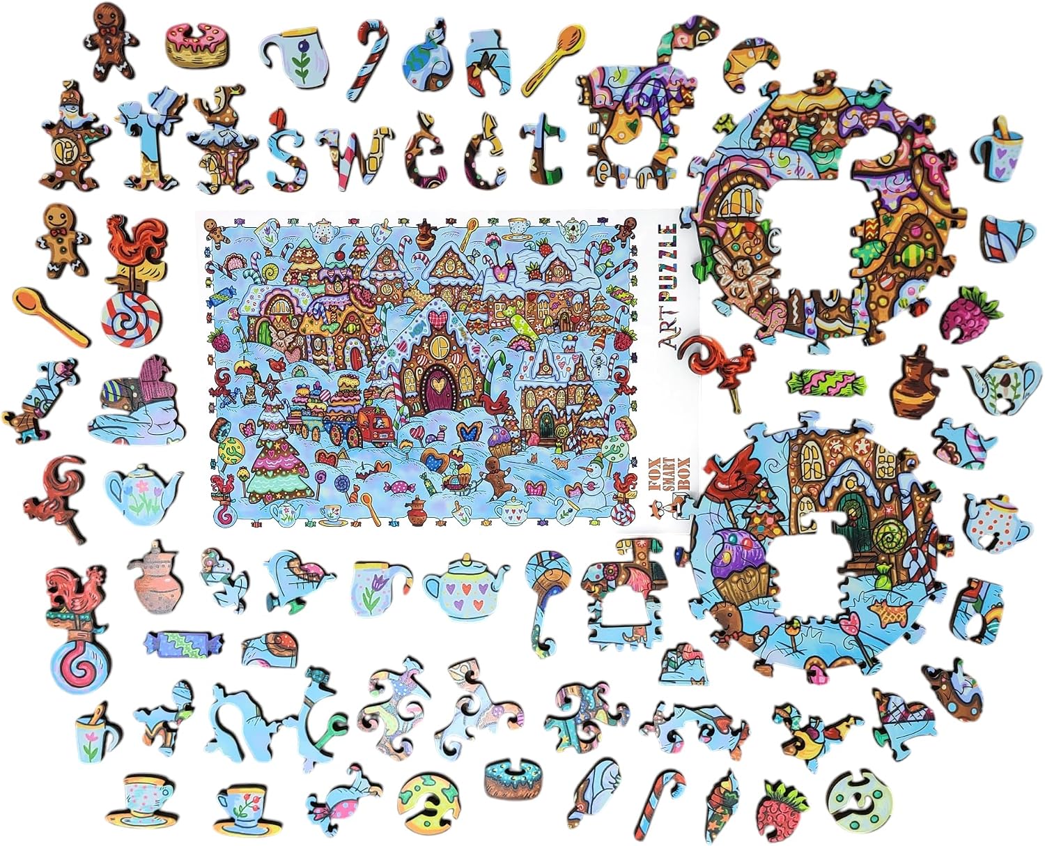 Wooden Puzzle for Adults - Uniquely Shaped Pieces - Made in The USA by FoxSmartBox - 325 Pieces - Sweety City