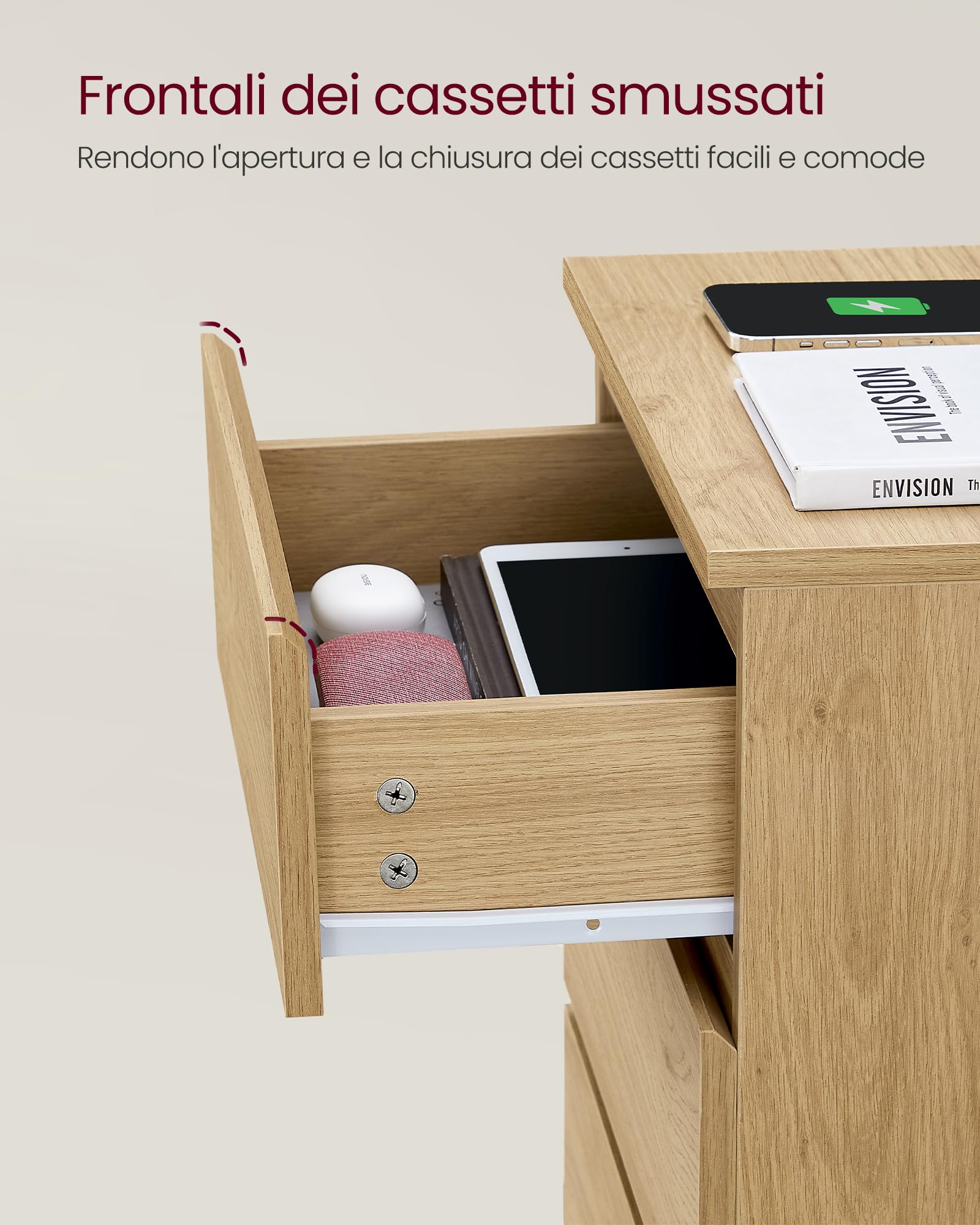 VASAGLE KAILYN Collezione - Comodino con Stazione di Ricarica, con 3 Cassetti, 2 Prese AC 2 Porte USB, per Soggiorno, Camera da Letto, Studio, Giallo Paglierino LET631Y70