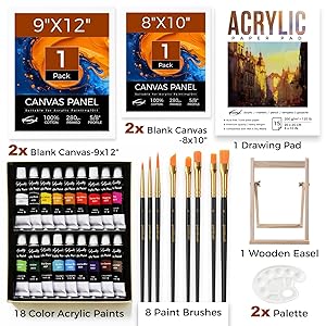 Paint Set, Painting Set for Adults Kids, 34 PCS Painting Kit with 18 Acrylic Paints, 4 Canvas Panels, Drawing Pad, Wood Easel, Ideal Gift for Beginners, Family, Couple