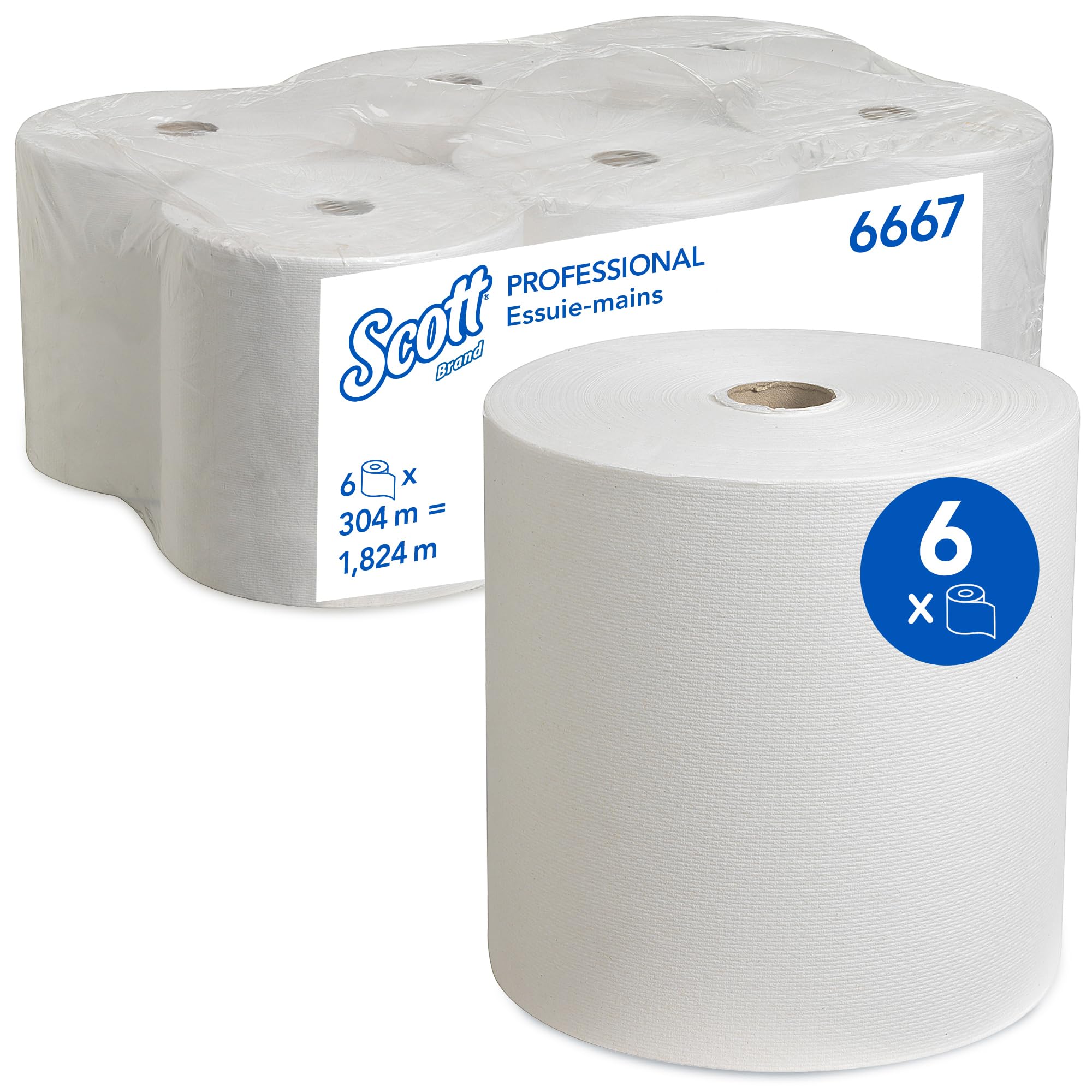 Scott Essuie-Mains Roulés 6667, 1 Épaisseur, Blanc, Ultra Absorbants, Certifiés Contact Alimentaire, Idéal pour Zones Sanitaires à Forte Fréquentation, 6 Rouleaux x 304 m (1 824 m au Total)