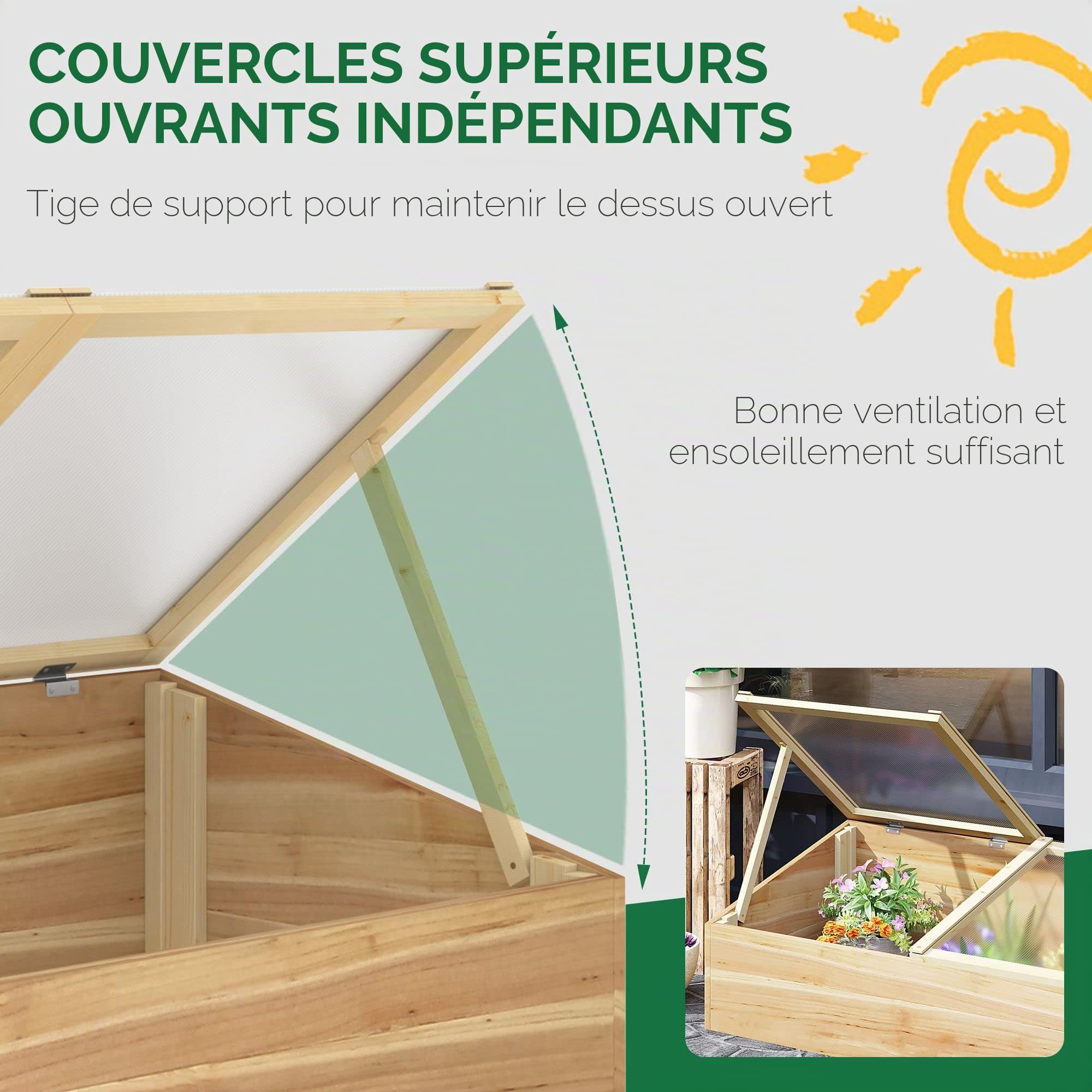 Outsunny Wooden Cold Frame Greenhouse Garden 100 x 50 x 36 cm Natural | Polycarbonate Grow House, Independent Openable Top Covers, for Flowers, Vegetables, Plants
