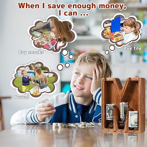 Miniatura 7 de Alcancía para niños y niñas, alcancía de madera con letra grande del alfabeto con inicial M, banco de monedas, regalos divertidos para cumpleaños,