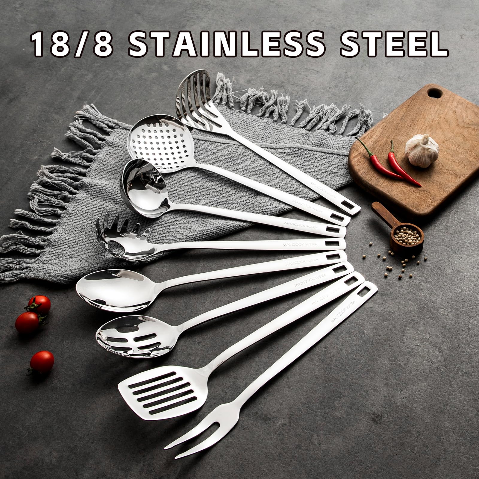 Lot de 8 ustensiles de cuisine en acier inoxydable 18/8 - Écumoire durable - Louche - Cuillère de service pour la cuisine (passe au lave-vaisselle)