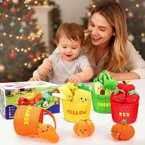 Miniatura 5 de TOHIBEE Juguetes sensoriales para bebés, 16 piezas de alimentos para clasificar colores de frutas y verduras con sonajero, juguetes para bebés de 6