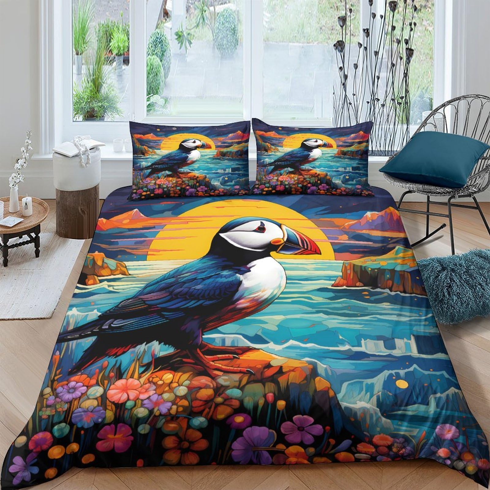 GPLZQXKJNH 3D Printed Puffin Sunset Duvet Cover Set Microfiber Soft Breathable Ocean Landscape Bedding with 2 Pillowcases for Bedroom Home Decor Single（135x200cm）