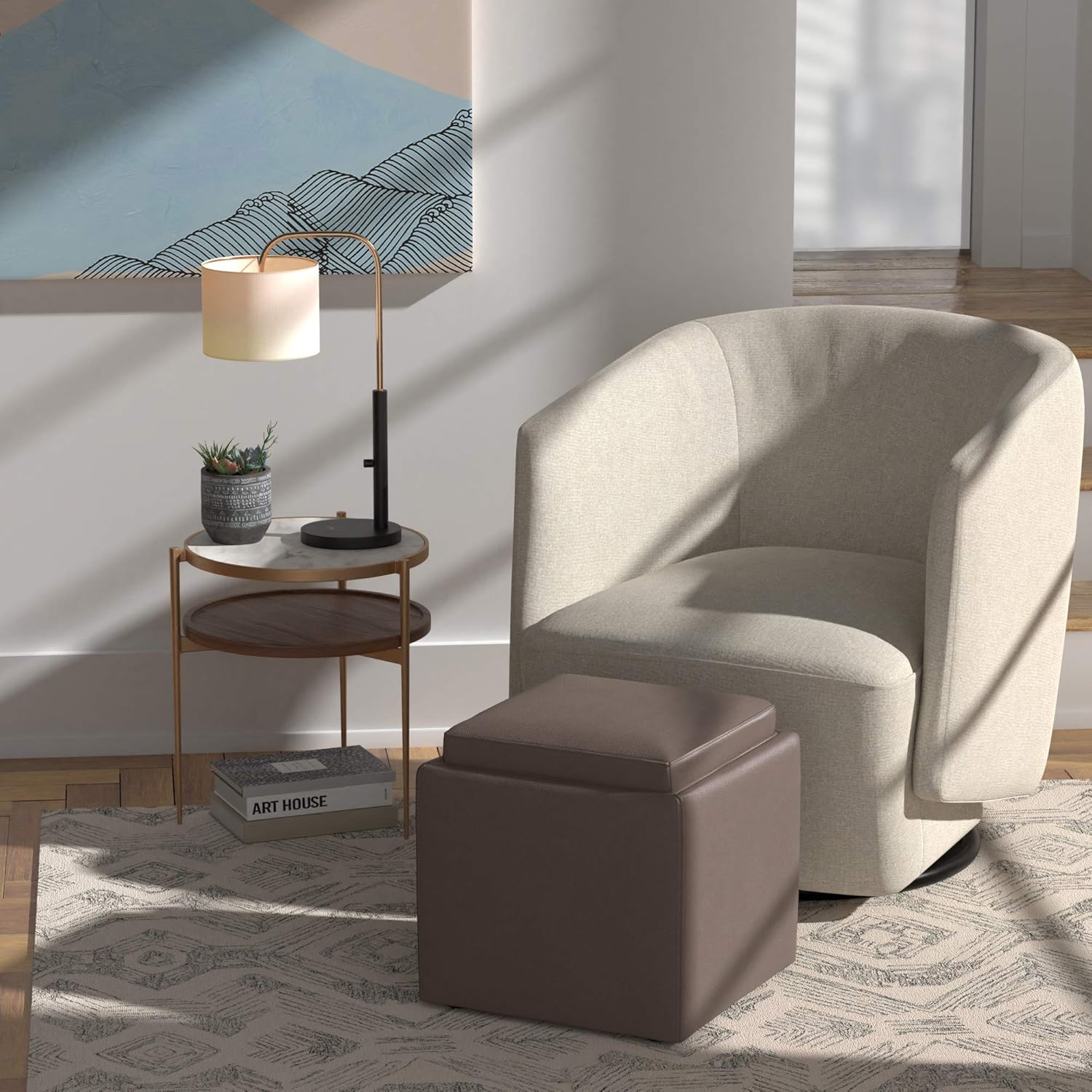 Exclusive Amazon Brand – Rivet Ross Modern Vegan Faux Leather Lift-Top Storage Ottoman Pouf, 17.7W, Brown