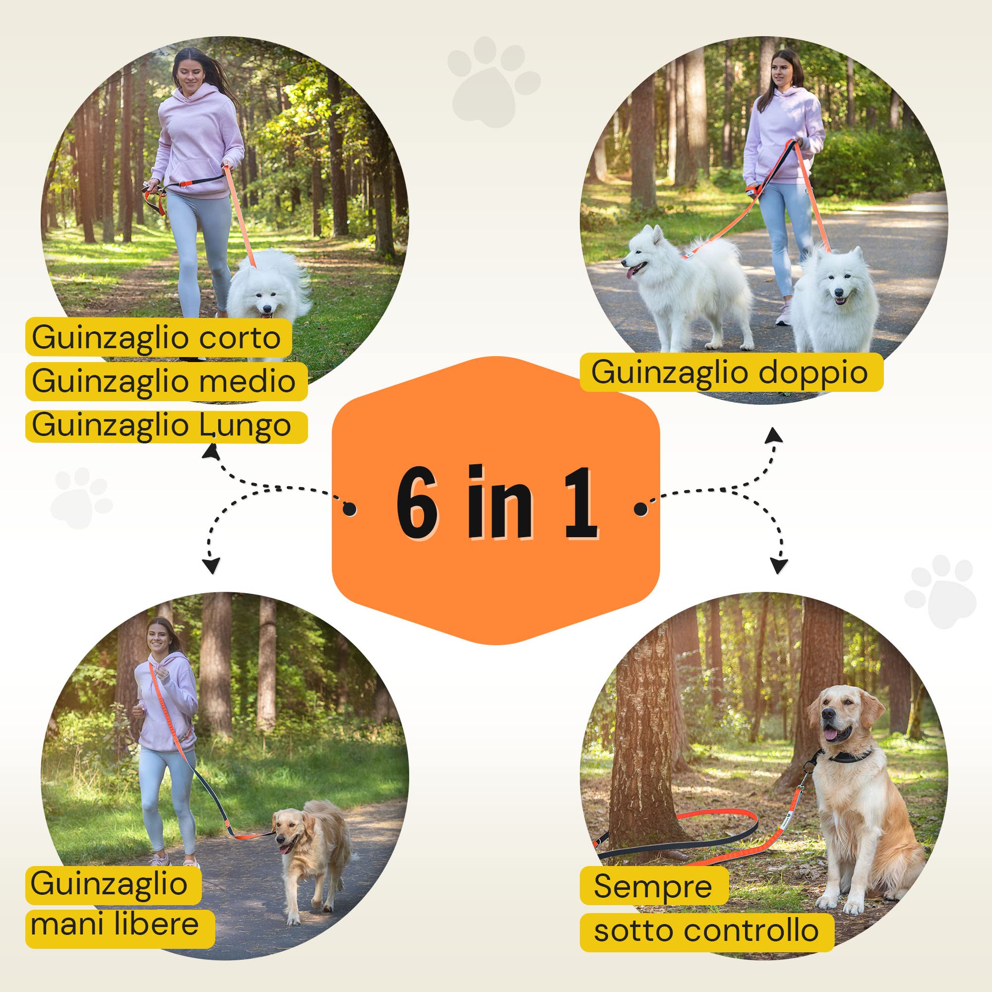 Hundefreund Guinzaglio multifunzione (6 in 1), regolabile, 3 m, da appendere, riflettente, con 3 anelli per cani di medie e grandi dimensioni, guinzaglio doppio per spalle e guinzaglio sportivo