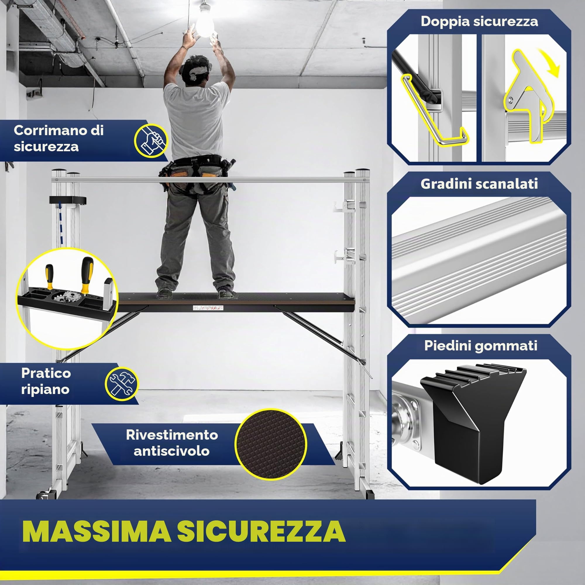 Masko® Ponteggi Telaio in alluminio Struttura Scala da ponteggio, Piattaforma lavoro | Caricabile fino a 150 KG | Rivestimento antiscivolo | | Testato GS (EN 131)