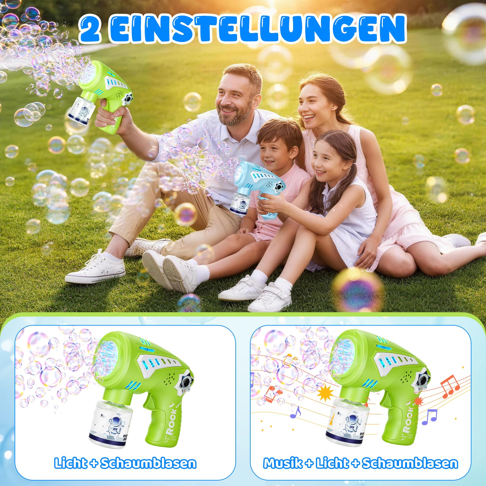 Jovicos 2 Seifenblasenpistole Kinder mit LED-Licht & Musik, Seifenblasenmaschine mit 4 Seifenblasenflüssigkeit, Seifenblasen Pistole Kinder, Bubble Gun Outdoor Spielzeug für Hochzeit Party Geschenke