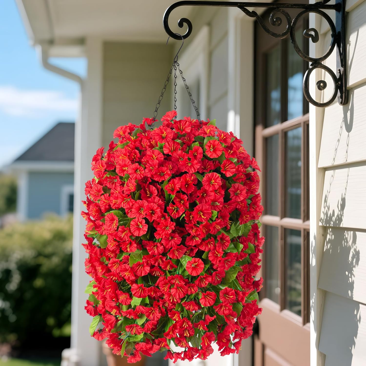 Artificial Faux Hanging Flowers Basket for Spring Summer Outdoor Outside Porch Decoration, Fake Silk Colorful Morning Glory Eucalyptus UV Resistant Look Real for Home Patio Balcony Yard(Red) - Image 2
