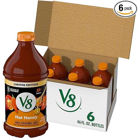 V8 Hot Honey 100% Vegetable Juice, 46 fl oz Bottle (6 Pack)
