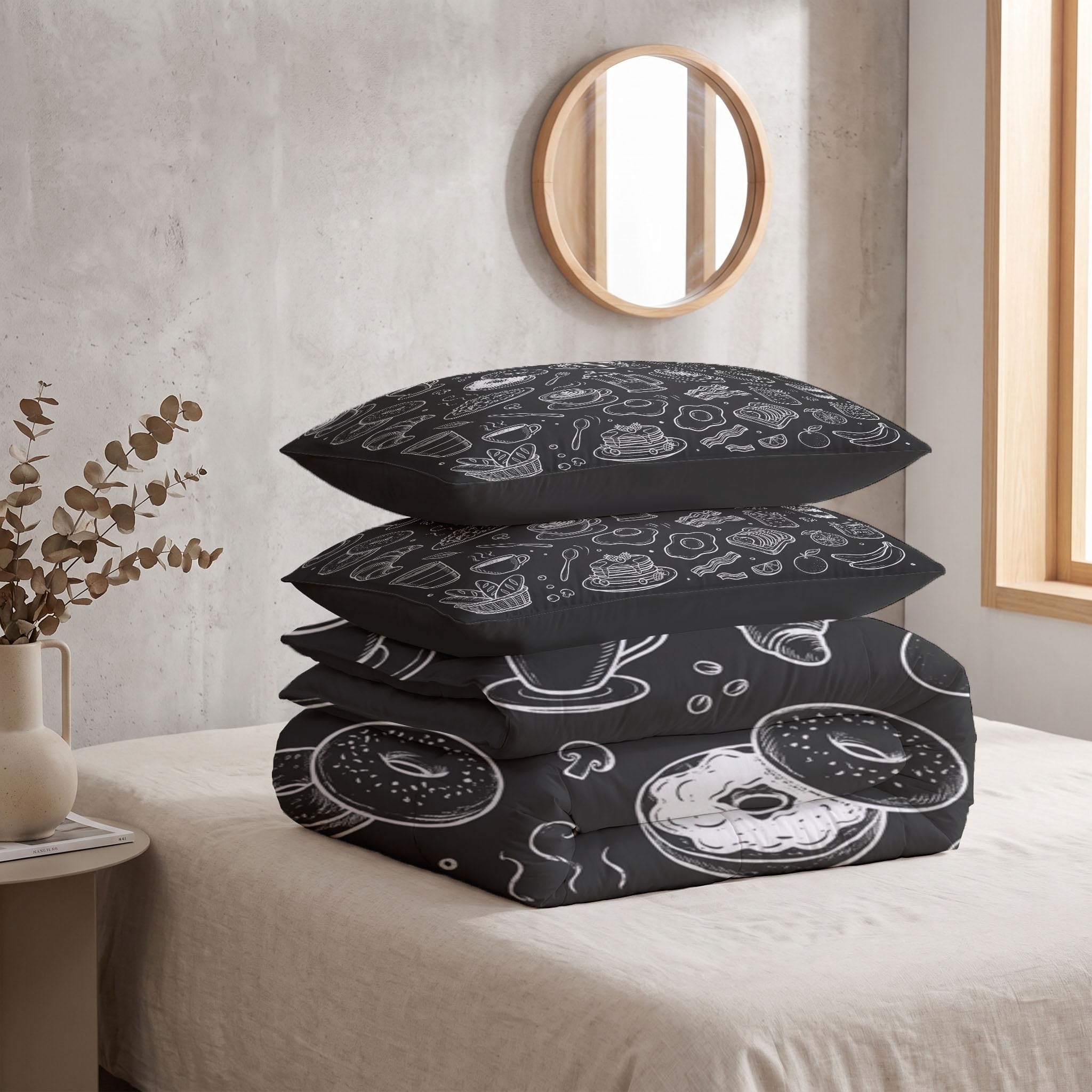 Couette 4 Saisons Café Rétro, en Microfibre pour lit 1 Personne, Gris Anthracite | Couette Légère Pain Au Café, Chaude, Couverture Construction U-Stitching, Lavable en Machine