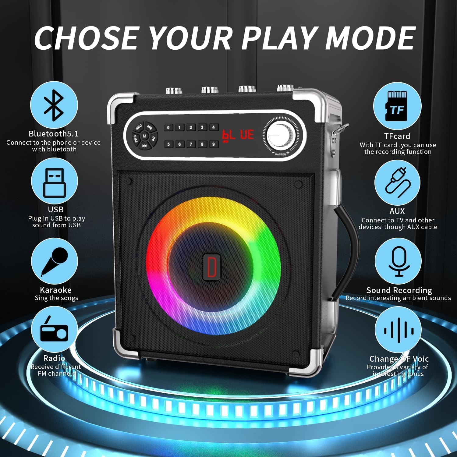 Karaoké avec 2 Microphones sans Fil, Enceinte Bluetooth 5.3 Portable avec Lumières LED, Réglage des Basses et des Aigus, Système de Sonorisation avec Télécommande, Compatible FM/AUX/USB/TF