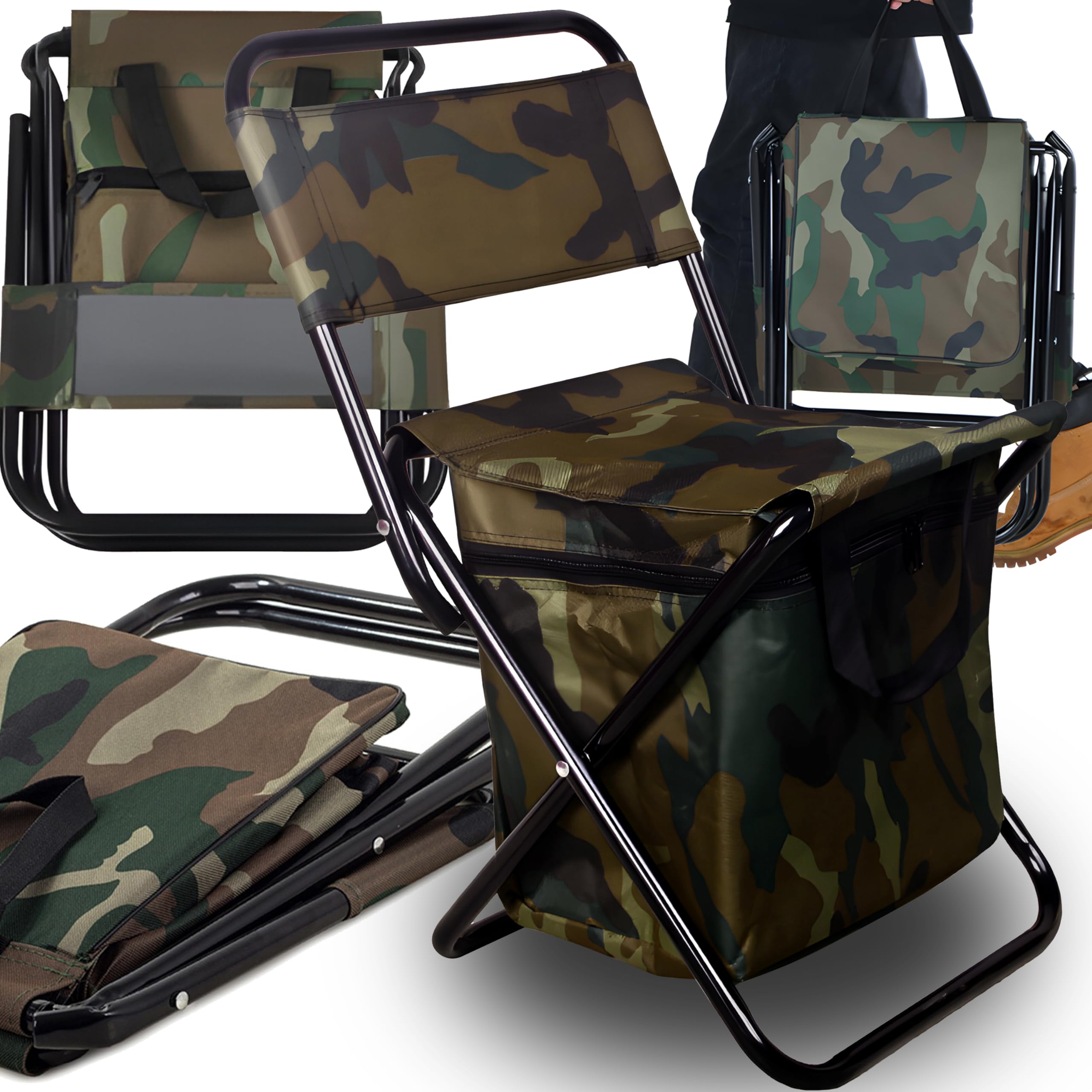 Retoo Silla Plegable de Pesca Mini Taburete Camping con Refrigerador Bolsa de Picnic Portátil para Senderismo Pícnic Jardín Balcón Playa Camuflaje 34x25x58 cm Tela Oxford
