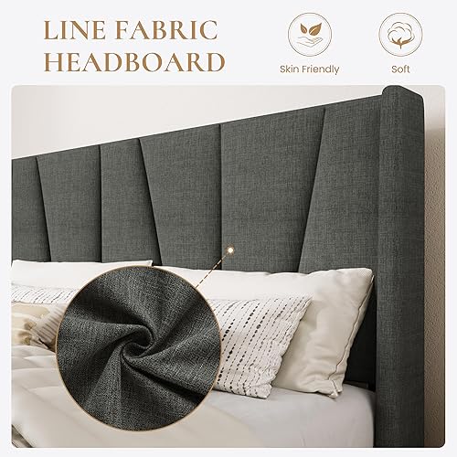 Miniatura 4 de SHA CERLIN Base de cama tamaño Queen con cabecera geométrica con respaldo de ala, plataforma tapizada con soporte de listones de madera, espacio