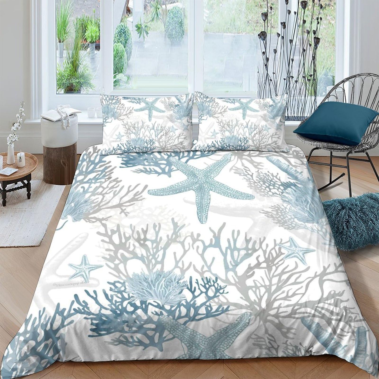 Ctjqhvkz Style-9 3D Printed Starfish Coral Fitted Sheet Microfiber Breathable Bed Cover Ocean Blue Mattress Decor For Bedroom Single（135X200cm）