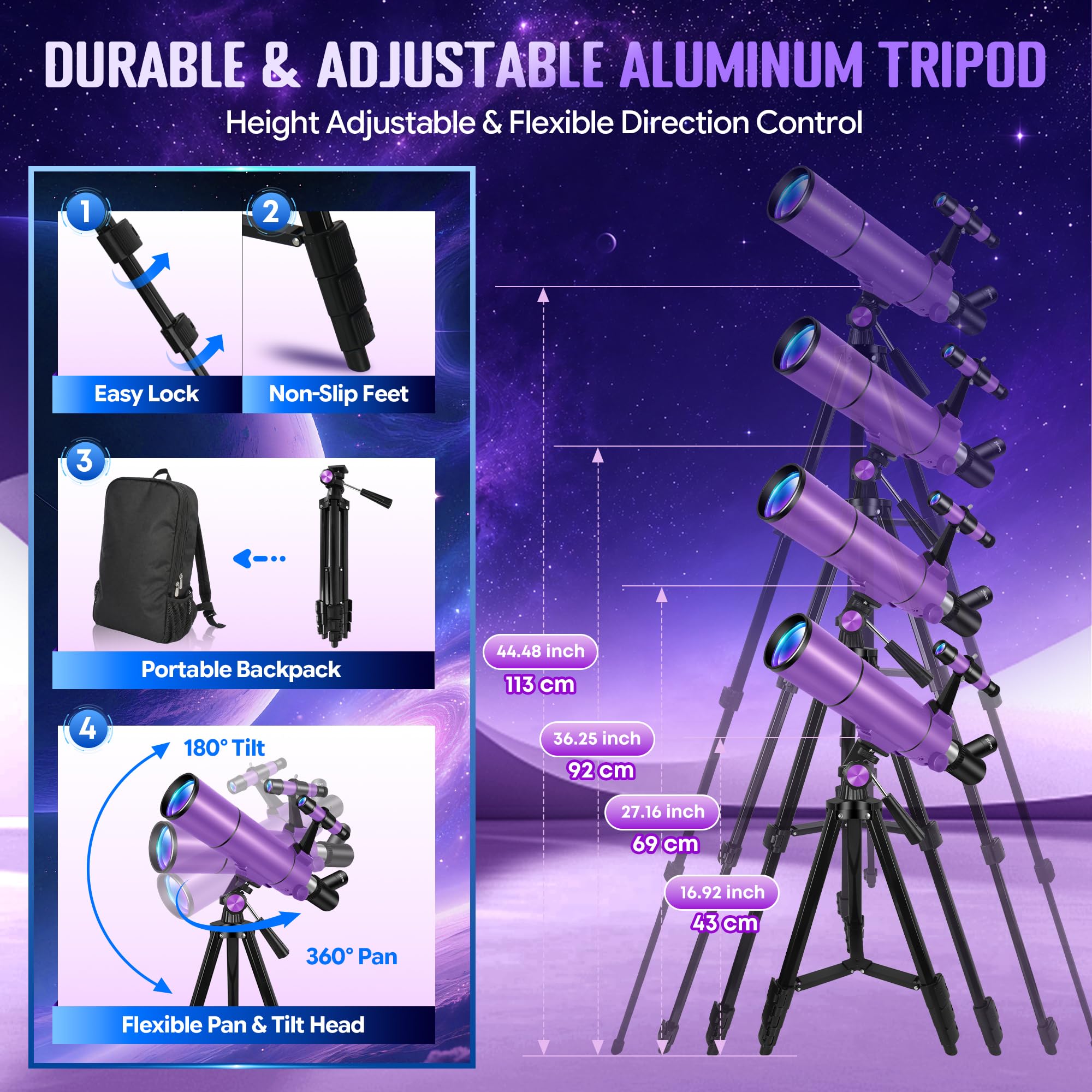 Telescopio Astronomico Bambini e Adulti 80/500 mm, Rifrattore Telescopio Portatile Bianco Viola con 6 Set di Adesivi, Libretto Luna e Pianeti, Supporto Smartphone e Zaino Portatile
