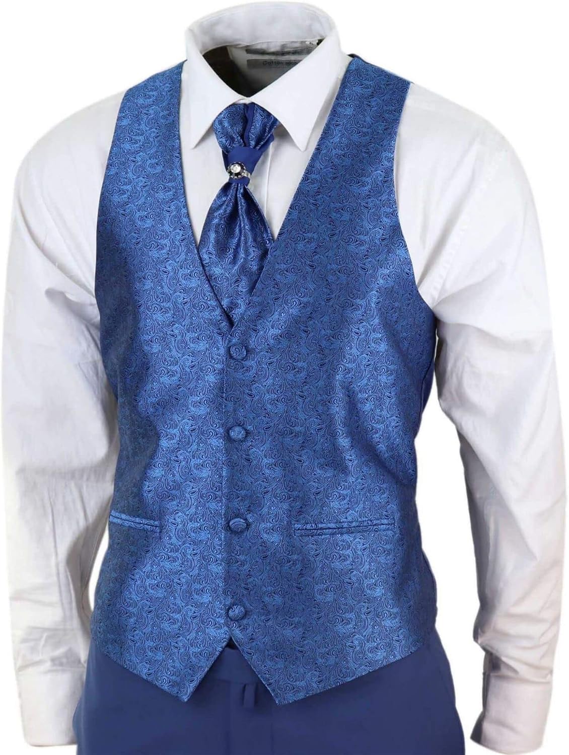 Mens 4 Piece Wedding Suit Groom Shawl Collar Vintage Blue Cravat Tailored Fit