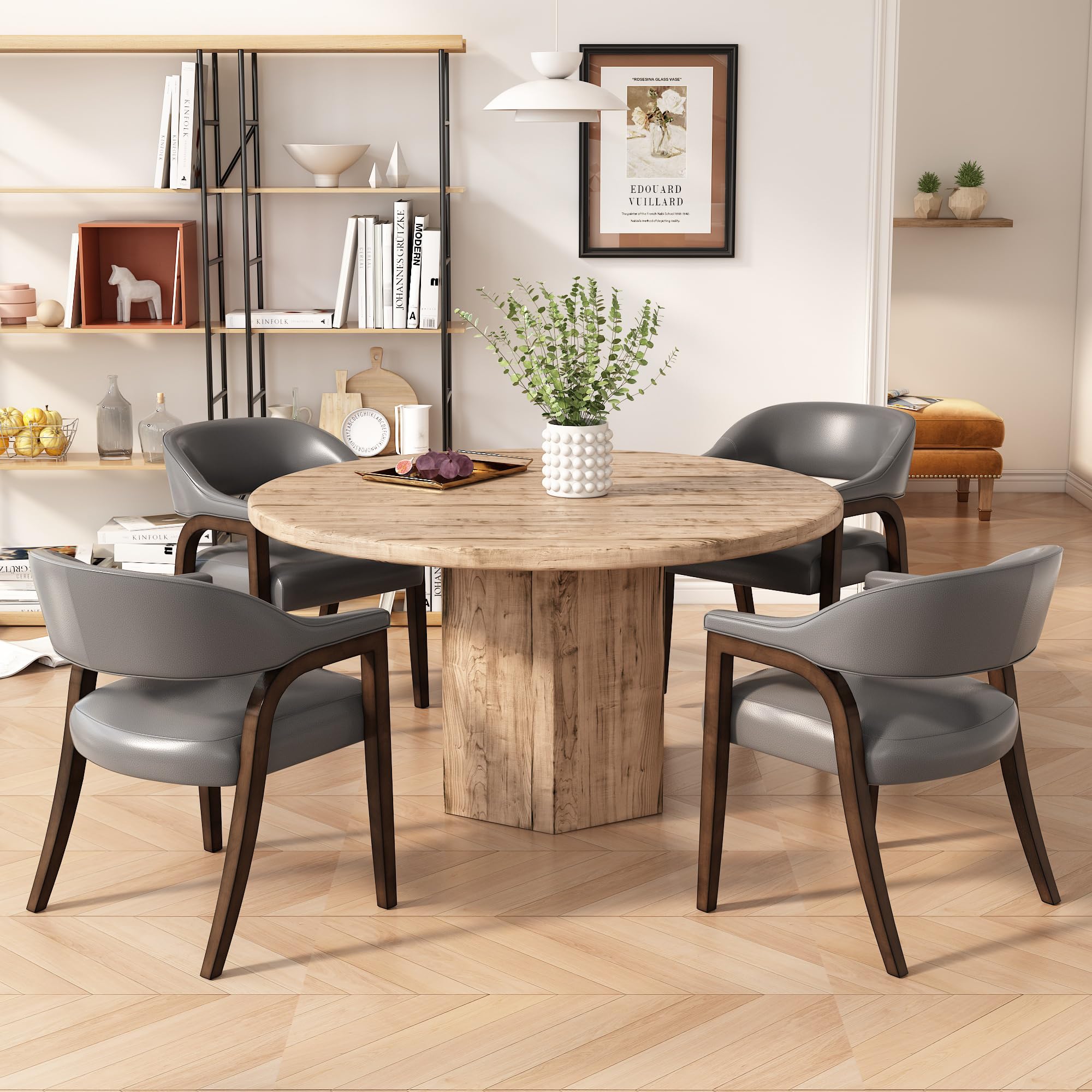 JESONVID Upholstered Barrel Dining Chair Set of 4, 17.72" H Faux Leather Dining Room Chair with Arms Open-Back Dining Chairs w/Wood R Legs Comfy